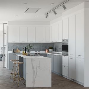 Buy cheap White Wooden L Shape Modular Kitchen Cabinets With Island from wholesalers