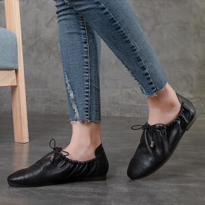 Buy cheap S070 Single shoes 2020 fall new shallow mouth retro handmade leather lace-up elastic flat lazy shoes from wholesalers