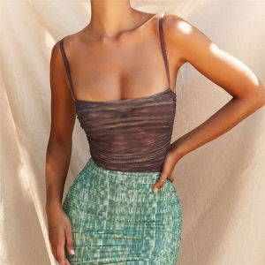Buy cheap One Line Neck Ladies Camisole Tank Tops See Through Net Gauze Printing from wholesalers