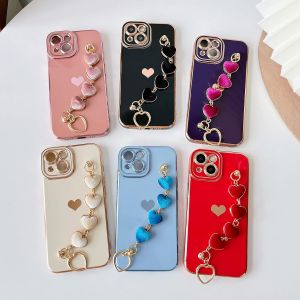 for iPhone 12 Pro Max Case,Cute Plating Love Heart Wrist Strap Chain Bracelet