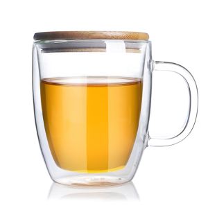 Buy cheap High Borosilicate Double Wall Glass Tumbler , Transparent Tea Cup With Bamboo Lid from wholesalers