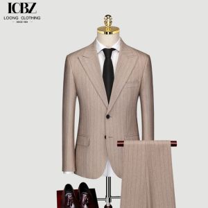 Buy cheap Men's Business Casual Formal Suit Custom Brown Striped Slim Fit with Mandarin Collar from wholesalers