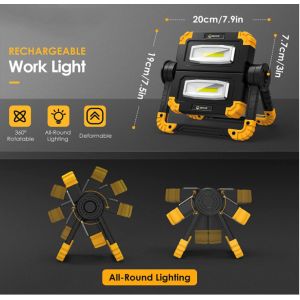 Rechargeable Portable LED Work Light 2 COB 2000Lumens 360 Degree Rotation