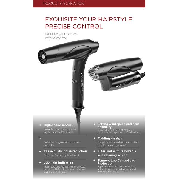 GUYLAND Hotel Hair Dryer 1800W Portable Foldable For Travel