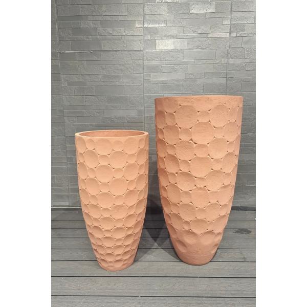 Warm Earthy Terracotta Tone Round Fiber Clay Planter With Rounded Tiles Arranged