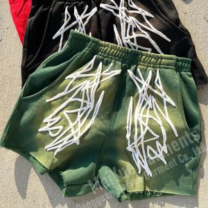 Puff Print Sun Faded Shorts Unisex Cut Edge Raw Hem Oversized Jogger Shorts