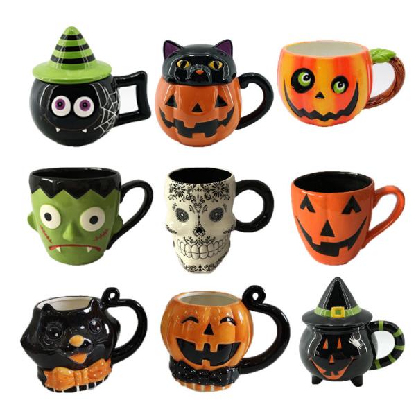 Quality Custom Ceramic Hand-painted Halloween Coffee Mug Creative 3D Embossed Cat Pumpkin Ghost Skull Witch Monster Mugs for sale