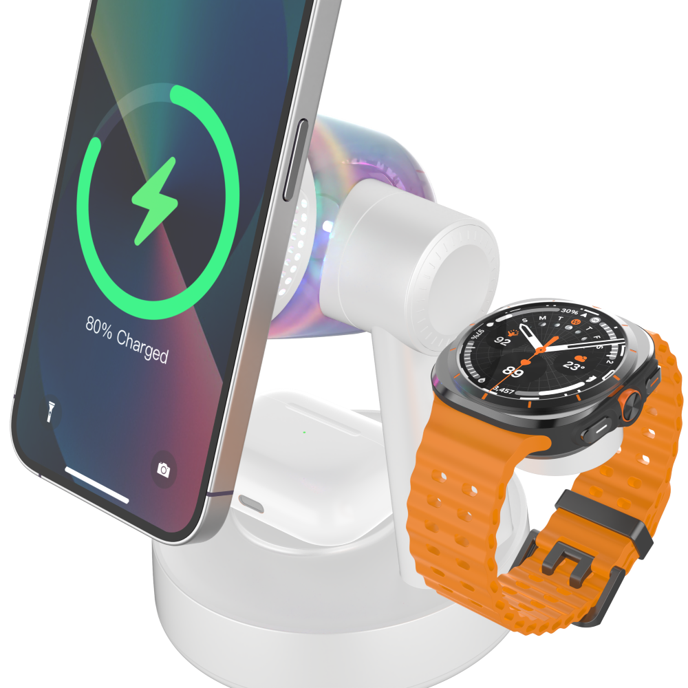 Buy cheap Qi2.2 All in one Wireless charger Cell Phone Stand with Bluetooth Speaker, Colorful LED Lights from wholesalers