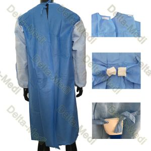 PP SMS Disposable Sterile Gown With Velcro On The Back Neck Knitted Cuff