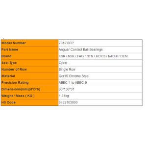 Buy cheap 7312 BEP  Anguar Contact Ball Bearings Single Row Professional from wholesalers