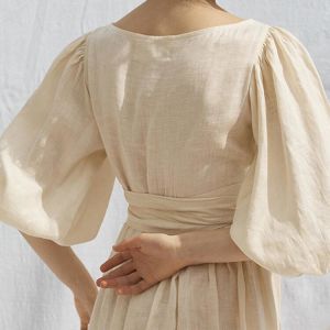 Puff Sleeve Casual Long Dress Anti Wrinkle V Collar Asymmetric Plain Dyed