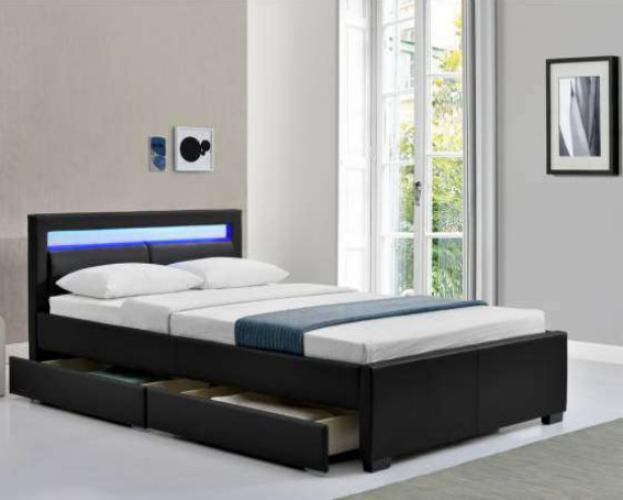 Quality LED Bed Double Upholstered Faux Leather Slatted Frame With Box for sale
