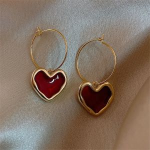 18K Gold Red Enamel Heart Shaped Dangle Hoop Earrings