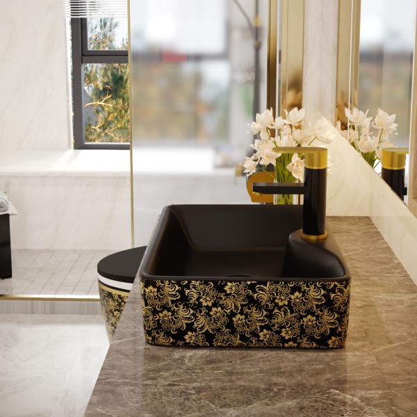 Electroplate Golden Square Ceramic Basin Table Top For Cabinet