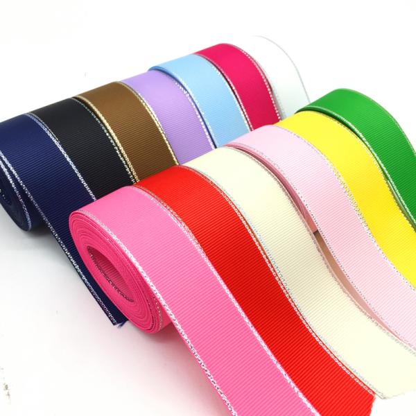 Elegant And Thin Satin Polyester Fancy Ribbon With Gold Edge Solid Grosgrain Ribbon