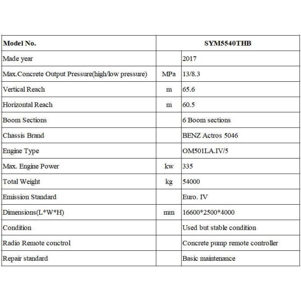 Long Boom Section Sy 66 Meter Used Concrete Pump for Ready Mix