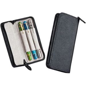 Buy cheap Genuine Leather Fountain Pen Case 3 Divided Slots Black Color, Zippered Pen Case Pouch from wholesalers