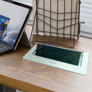 White Square Desk Pop Up Sockets With 3 French Power Outlet Galvanized Panel