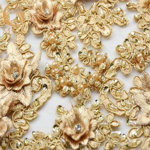 Buy cheap French High End Lace Fabric Water Soluble Handwork Golden Embroidery Lace from wholesalers