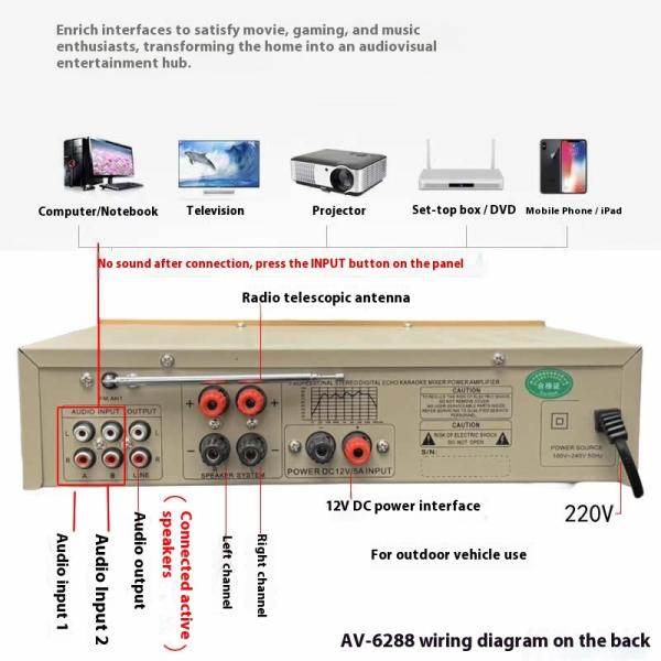 AV-6288BT 1000W 2*500W High Fidelity Karaoke Amplifier Dual-Use 12V/220V AC/DC BT Wireless Plastic Material