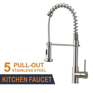 China 35mm Deck Mounted Single Handle Pull Out Kitchen Faucet Brushed on sale