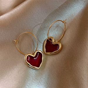 Buy cheap 18K Gold Red Enamel Heart Shaped Dangle Hoop Earrings from wholesalers