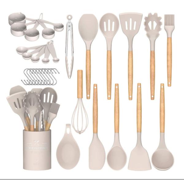 Quality White Silicone Utensils With Wooden Handles Rustproof Scaldingproof for sale