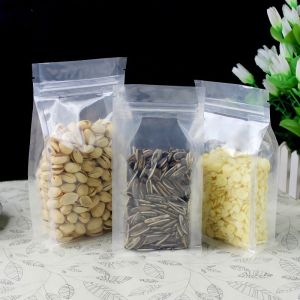 China Resealable Doypack Clear Transparent Plastic Stand Up 8 Side Quad Seal Block Bottom Gusset Box Pouch Zipper Bag on sale