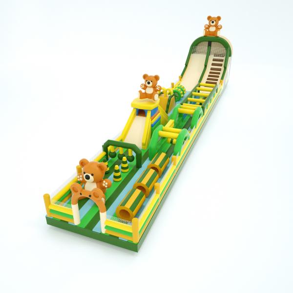 Commercial Bear Inflatable Obstacles Course Green Yellow 30*5*8m