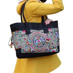 Buy cheap Embroidered Large Canvas Tote Bag for Women with Zipper Handmade Vintage Handbag Shoulder Bag from wholesalers