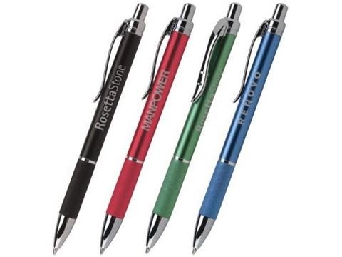 Quality metallic barrel logo ball pen with grip,with clip and chromed pusher for sale