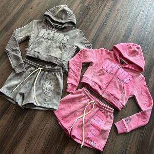 Buy cheap Women Distress Two Piece Hoodie Set Cotton Fitted Zipper Tracksuit Embroidery Sweatsuits Sun Faded Cropped Hoodie and Shorts Set from wholesalers