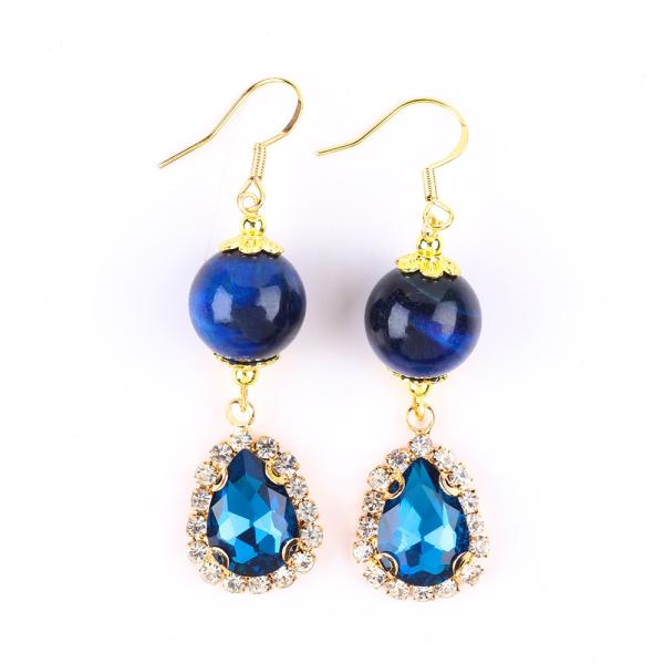 Quality Custom 12MM Crystal Stone Blue Tiger Eye With Blue Sparkling Tear Drop Charm Short Earring For Gift Giving for sale