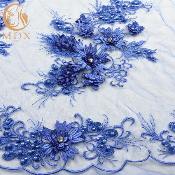 Quality MDX Royal Blue Lace Fabric / Beaded Bridal Lace Intricate Design for sale