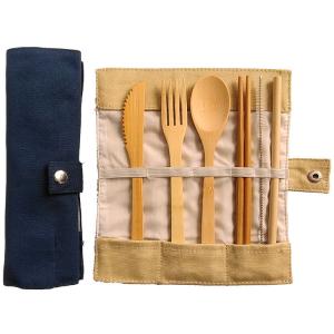 China Portable Bamboo Travel Cutlery Set Chopsticks Spoon Straw Six Piece Cloth Bag Packing on sale