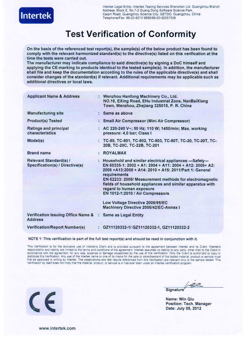 Wenzhou Hanfeng Machinery Co., Ltd. Certifications