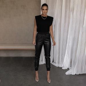 Buy cheap Slim Women's High Waisted Leather Pants Temperament Ribbing Splicing product