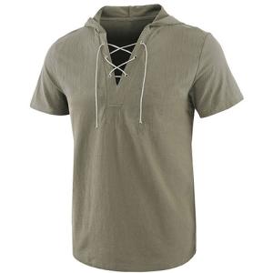 Buy cheap 2021 Summer Causal Loose Solid Hooded Lace Up Short Sleeve T Shirt For Men from wholesalers