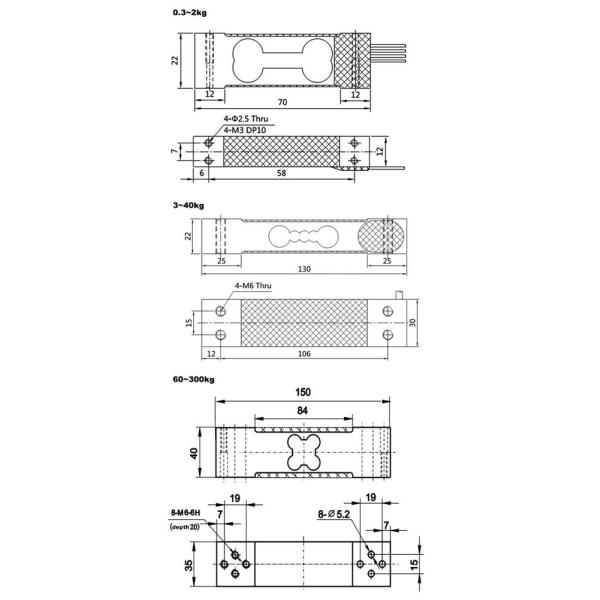 Single point load cell 300g to 500kg dimensional drawing