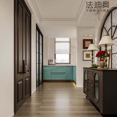 Fadior Stainless Steel Art Kitchen Cabinet - Turquoise & White Tone, L-Shaped Layout, Premium Hardware & Custom Storage