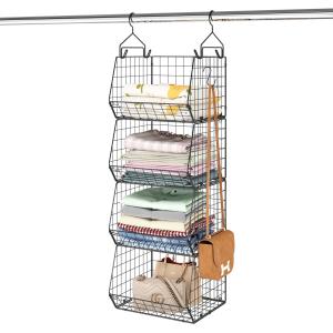 X-COSRACK 4 TIER FOLDABLE CLOSET ORGANIZER, CLOTHES SHELVES WITH 5 S HOOKS, WALL