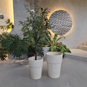 Cream Composite Clay Flower Pot with Smooth Hand Carved Design