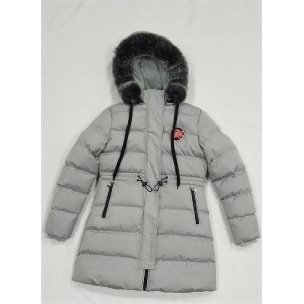 Grey Ladies Long Puffer Coat With Fur Hood Quilted