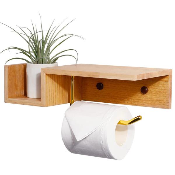 Quality Sustainable Wall Bamboo Toilet Paper Storage Holder With Shelf for sale