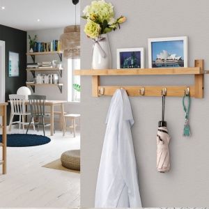 5 Hook Wall-Mounted Bamboo Coat Hook with Upper Storage Shelf Natural and Eco