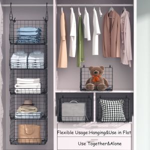 X-COSRACK 4 TIER FOLDABLE CLOSET ORGANIZER, CLOTHES SHELVES WITH 5 S HOOKS, WALL