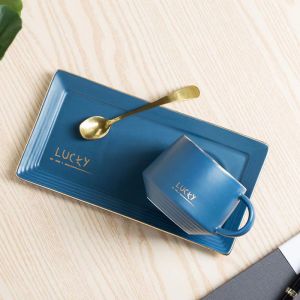 Unique Luxury Breakfast Ceramic Coffee Cup With Square Saucer And Spoon