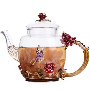 Buy cheap Flower Pattern Floral Microwavable Teapot , Vintage Glass Teapot With Gold Leaves from wholesalers