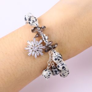 Buy cheap Custom Gemstone 8mm Round Dalamation Jasper With Snowflake Charm Bead Bracelet For Gift Giving from wholesalers