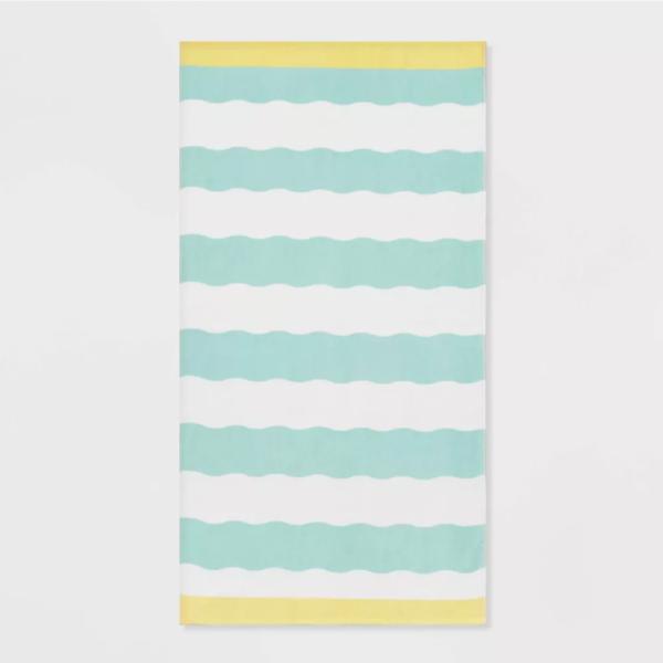 Wavy Stripe Beach Towel with Velour and Reactive Printing for Stylish Poolside
